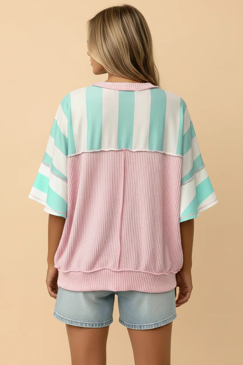 Stripe Exposed Seam Ribbed Patchwork Oversized Tee