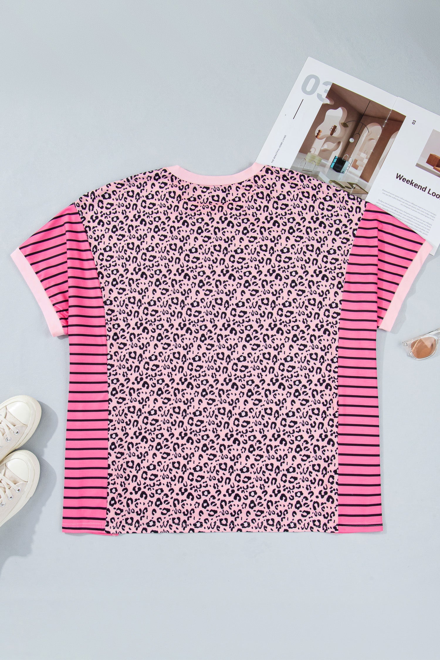 Plus Size Leopard Stripe Contrast Patchwork Tee
