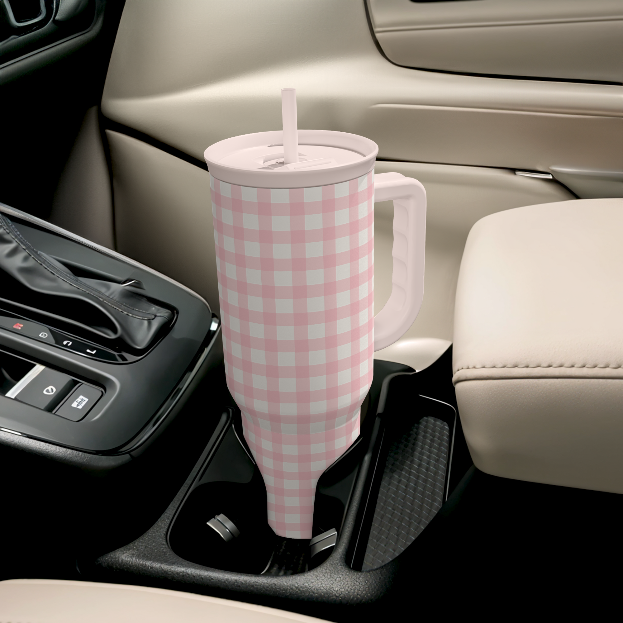 Pink Gingham 40oz Slider Tumbler with Handle and Straw - Insulated Stainless Steel Travel Coffee Mug for Women Girls, Gift for Birthday, Christmas