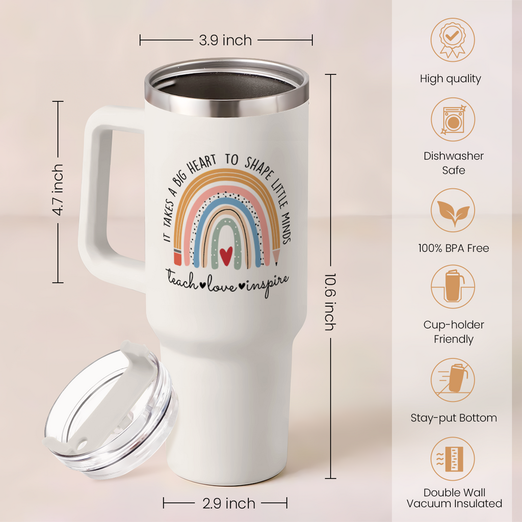 Teacher Appreciation Gifts It Takes a Big Heart to Shape Little Minds Tumbler with Handle 40oz Stainless Steel Coffee Cup - Thank You Gifts from Students for Teacher's Day Graduation Gifts