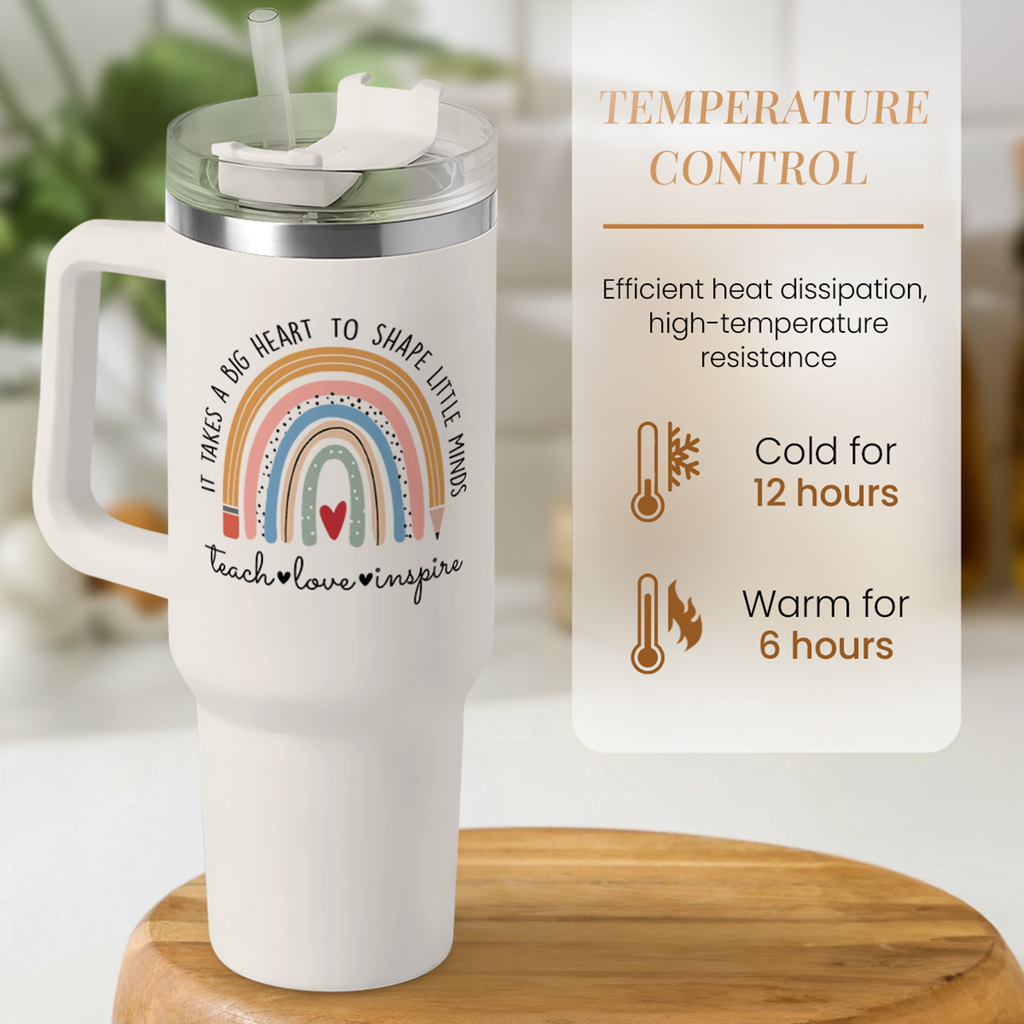 Teacher Appreciation Gifts It Takes a Big Heart to Shape Little Minds Tumbler with Handle 40oz Stainless Steel Coffee Cup - Thank You Gifts from Students for Teacher's Day Graduation Gifts