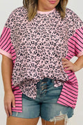 Plus Size Leopard Stripe Contrast Patchwork Tee
