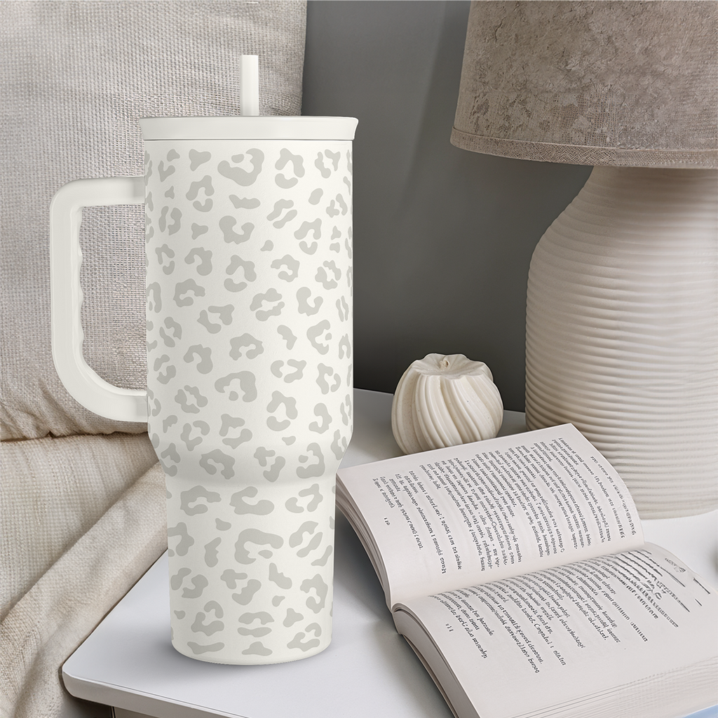Leopard Tumbler with Handle, Insulated Cup Stainless Steel Travel Mug Cup, Gifts for Women Girl on Birthday Christmas, Cream Leopard, 40oz
