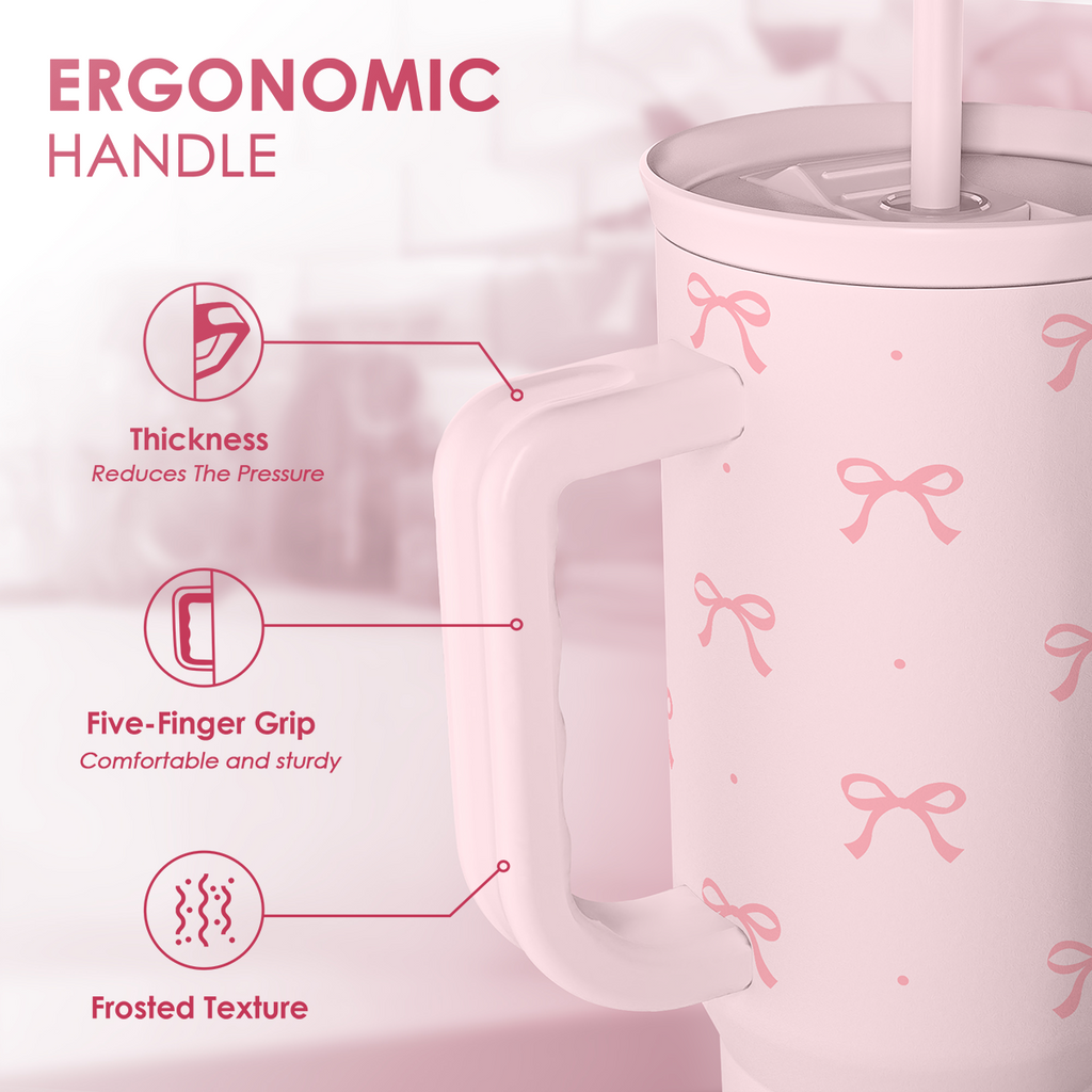 Gift for Women Girls - Coquette Bow Stainless Steel Tumbler with Handle, Travel Coffee Mug - Gifts for Birthday Christmas, 40oz