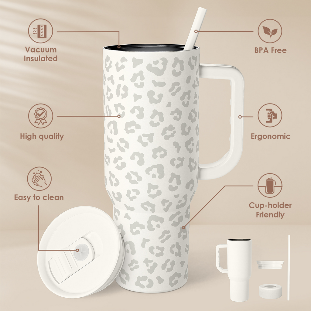 Leopard Tumbler with Handle, Insulated Cup Stainless Steel Travel Mug Cup, Gifts for Women Girl on Birthday Christmas, Cream Leopard, 40oz