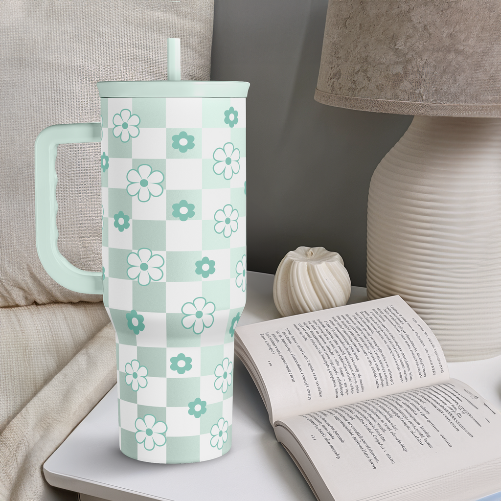 40oz Daisy Flower Tumbler with Handle and Straw - Insulated Stainless Steel Coffee Travel Mug for Women Girls, Floral Gift Idea for Birthday Christmas