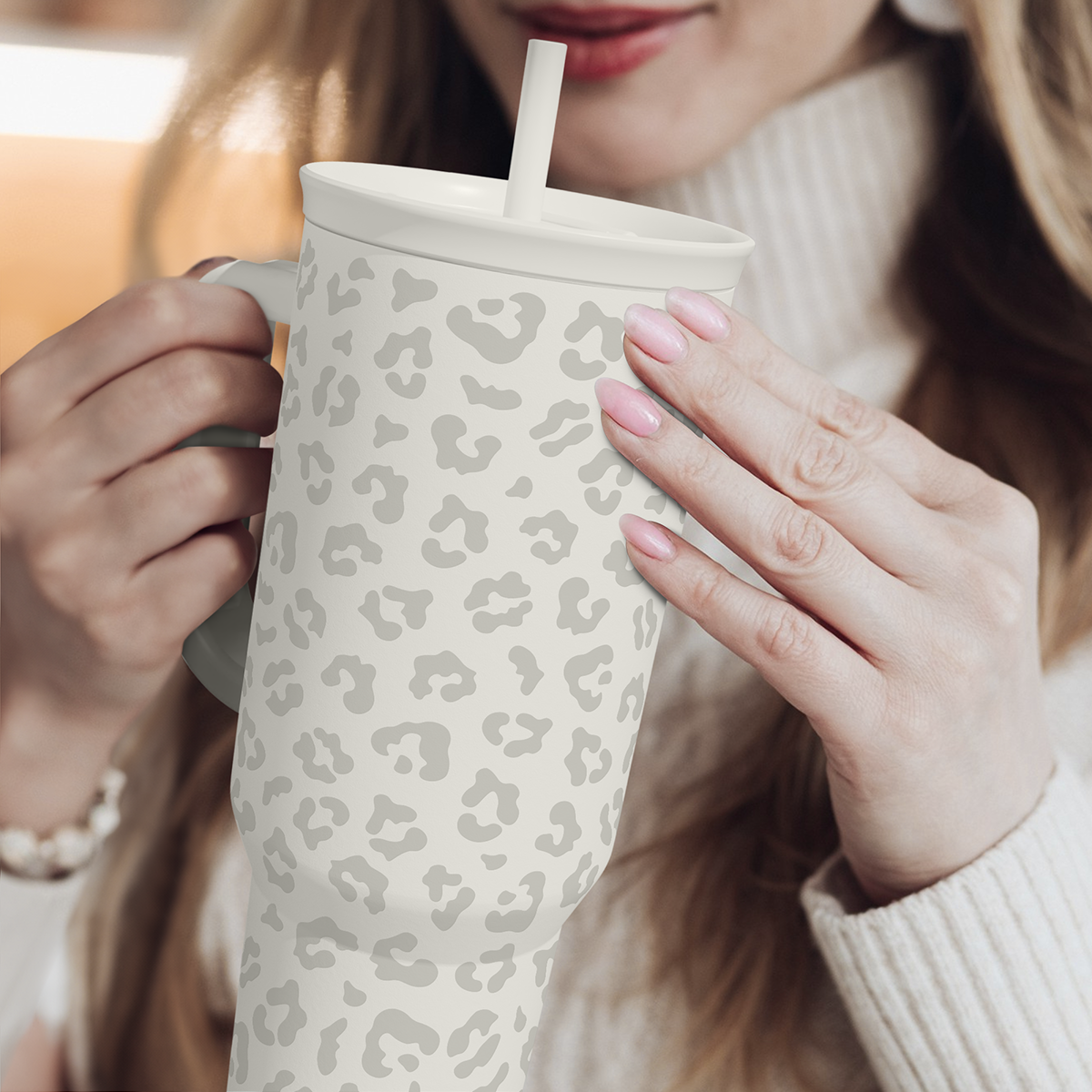 Leopard Tumbler with Handle, Insulated Cup Stainless Steel Travel Mug Cup, Gifts for Women Girl on Birthday Christmas, Cream Leopard, 40oz