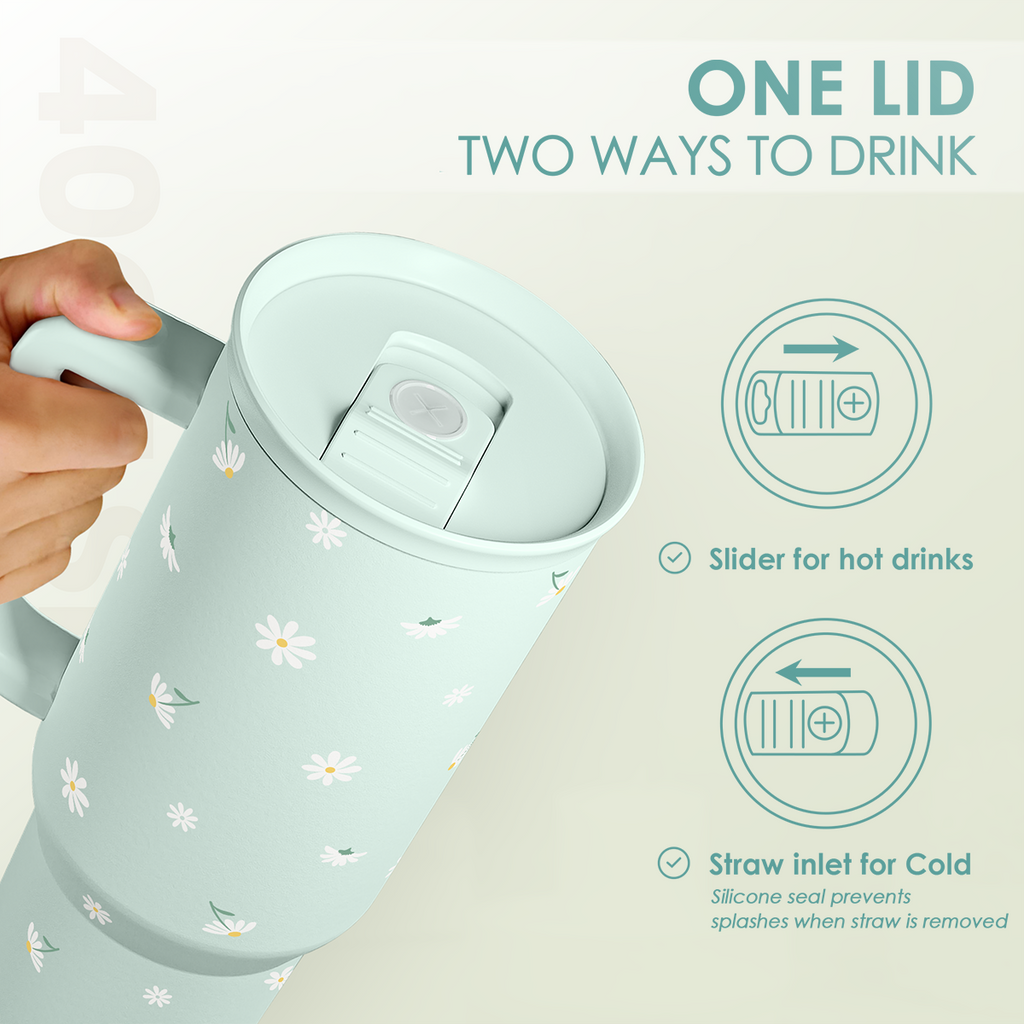 Daisy Flower Tumbler with Handle and Straw - Insulated Stainless Steel Coffee Travel Mug for Women Girls, Floral Gift Idea for Birthday Christmas