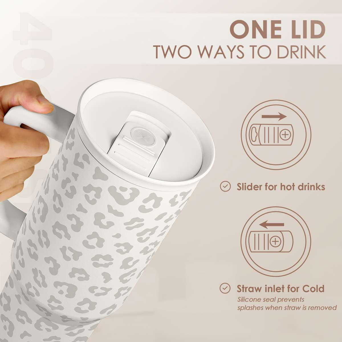 Leopard Tumbler with Handle, Insulated Cup Stainless Steel Travel Mug Cup, Gifts for Women Girl on Birthday Christmas, Cream Leopard, 40oz